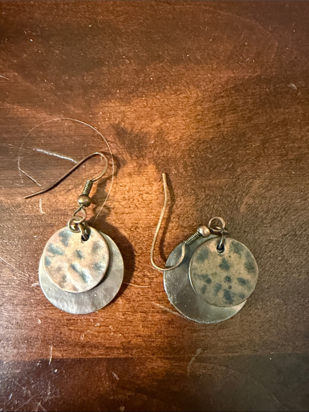 Antique-Style Double Disc Drop Earrings in Aged Brass